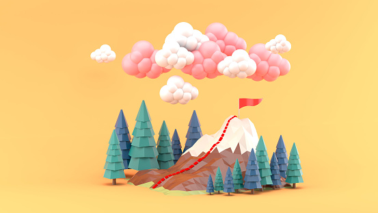 The mountains are surrounded by pine trees and clouds on an orange background.-3d rendering.