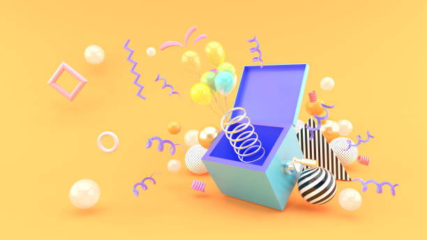 istock A surprise box surrounded by balloons and ribbon on an orange background.-3d rendering. 1395298573