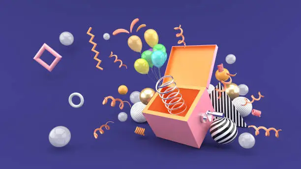 A surprise box surrounded by balloons and ribbon on a purple background.-3d rendering.