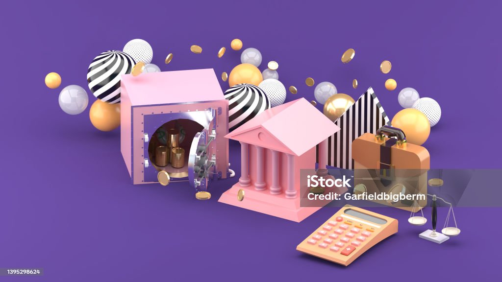 The bank is surrounded by a safe, business bag, balance scale and calculator on the purple background.-3d rendering. Backgrounds Stock Photo