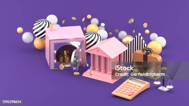 The Bank Is Surrounded By A Safe Business Bag Balance Scale And Calculator On The Purple Background3d Rendering Stock Photo - Download Image Now