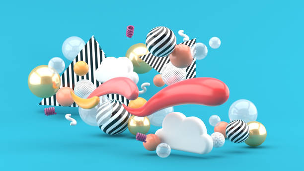 istock The waves floating among clouds and colorful balls on a blue background.-3d rendering. 1395298646