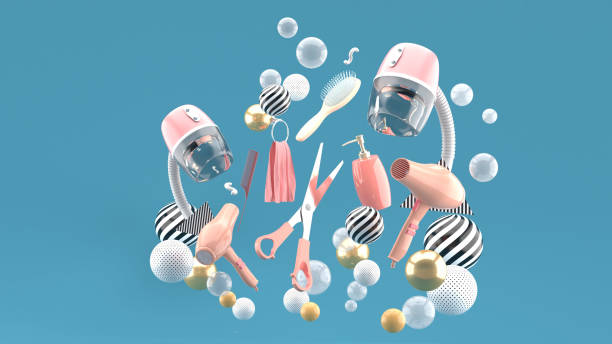 Hair dryers, scissors and combed among many colorful balls on a blue background.-3d rendering. stock photo