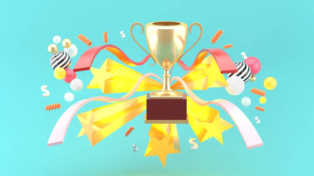 istock Champion cup amidst ribbons and stars on a blue background.-3d rendering. 1395298689