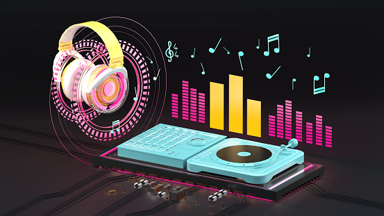 Turn tables and headphones surrounded by glowing circles and sounds wave on a black background.-3d rendering.