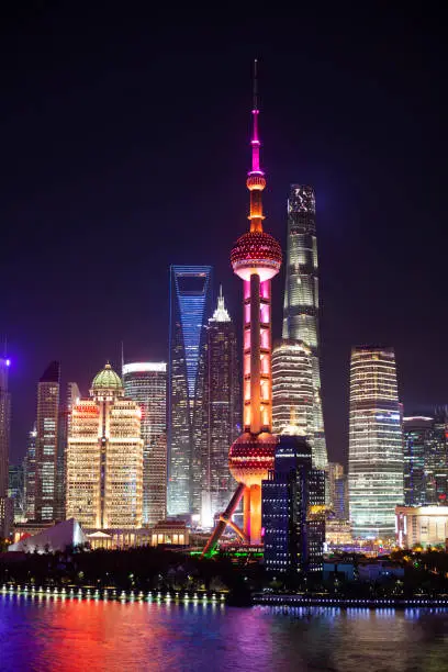 Shanghai's Pudong District's skyscrapers at night, Oriental Pearl Tower, Shanghai World Financial Center, Shanghai Tower, and Jin Mao Tower