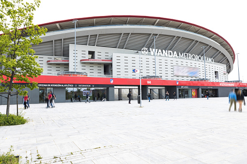 Exterior of the soccer field of At. of Madrid Metropolitan Wanda. Concept of football and sports competitions.