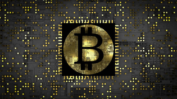 3d 비트 코인, 암호 해독 및 광산 개념. 황금빛 컴퓨터의 cpu 프로세서에 비트 코인의 표시. 암호 경제학, 가상 돈, 수입, 비즈니스 아이디어. - crypto wodl 뉴스 사진 이미지