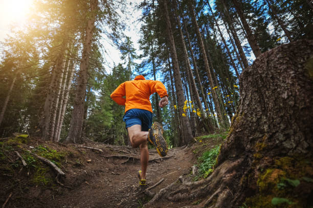 sendero del hombre corriendo en la montaña: los dolomitas - sella pass fotografías e imágenes de stock