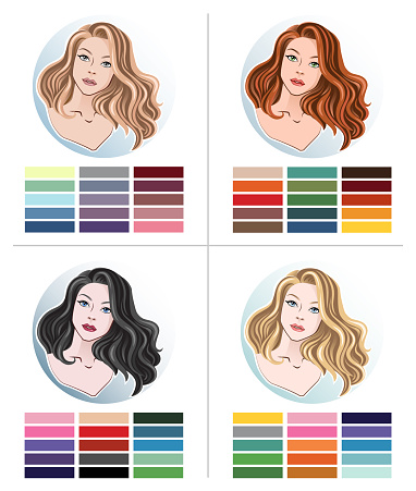 Color type of appearance of women. With a palette of colors suitable for their type of appearance. 4 classic types in the seasons: summer, autumn, winter, spring.