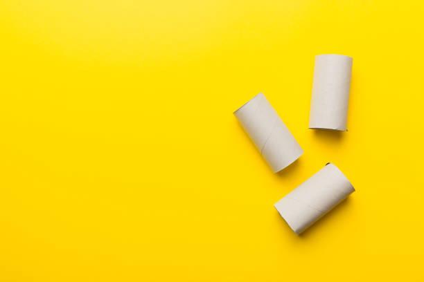 istock Flat lay composition with empty toilet paper rolls and space for text on color background. Recyclable paper tube with metal plug end made of kraft paper or cardboard 1395303261
