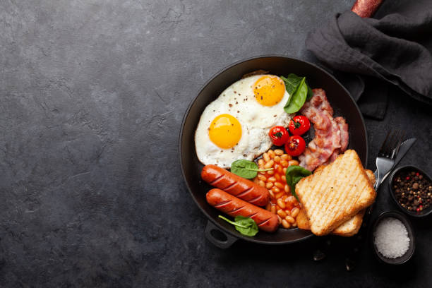 istock English breakfast with fried eggs, beans, bacon and sausages 1395305784