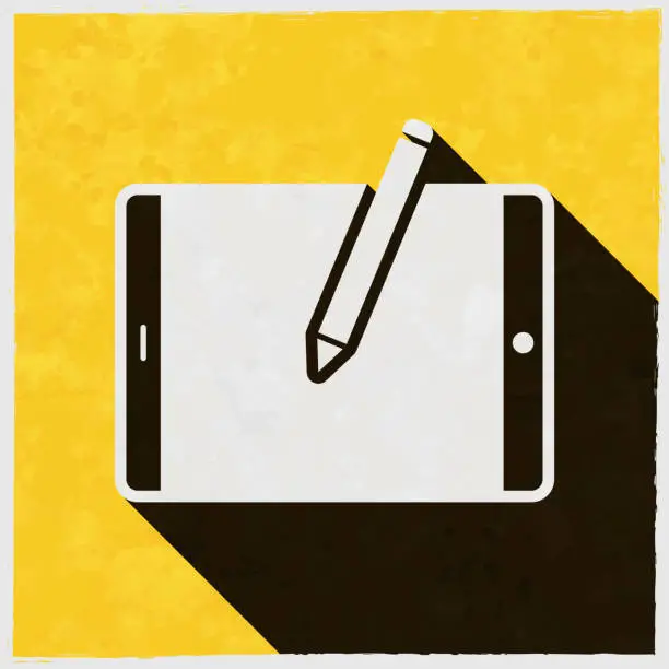 Vector illustration of Tablet PC with pen - Horizontal position. Icon with long shadow on textured yellow background