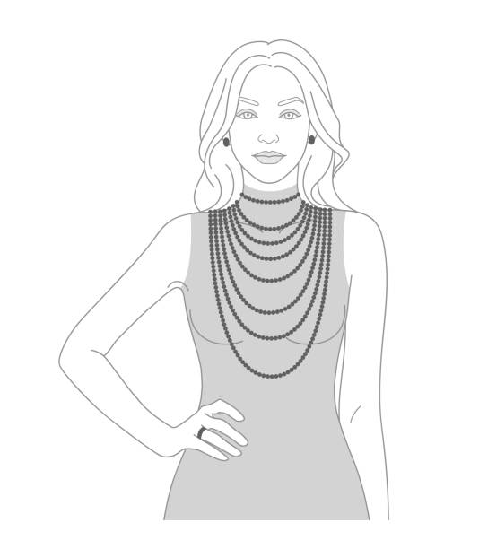 ilustraciones, imágenes clip art, dibujos animados e iconos de stock de tabla de tallas de collar con una silueta de mujer. demostración de collares largos. - largo longitud
