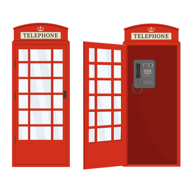 ドアが開いた赤い電話ブース、カラーベクター分離漫画風イラスト - pay phone telephone telephone booth red点のイラスト素材／クリップアート素材／マンガ素材／アイコン素材