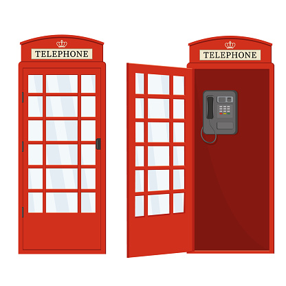 Red telephone booth with open door, color vector isolated cartoon-style illustration.