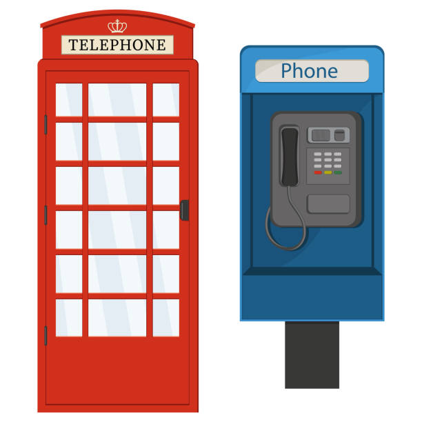illustrazioni stock, clip art, cartoni animati e icone di tendenza di cabina telefonica rossa e blu, illustrazione isolata in stile cartone animato vettoriale a colori - pay phone