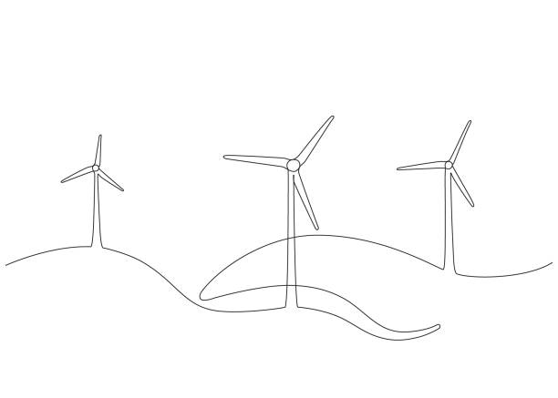 illustrations, cliparts, dessins animés et icônes de moulin à vent, énergie éolienne, dessin d’art au trait continu unique. la tour du moulin à vent économise l’écologie de l’électricité d’énergie verte. paysage vallonné avec générer des éoliennes. illustration vectorielle un contour - wind turbine wind wind power energy