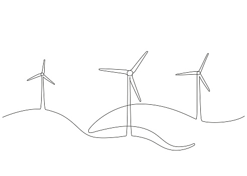 Wind mill, wind generator energy, single continuous line art drawing. Windmill tower save ecology green energy electricity. Hilly landscape with generate wind turbines. Vector outline illustration