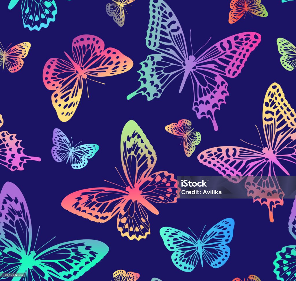 Pattern With Rainbow Butterflies On Blue Background Suitable For ...