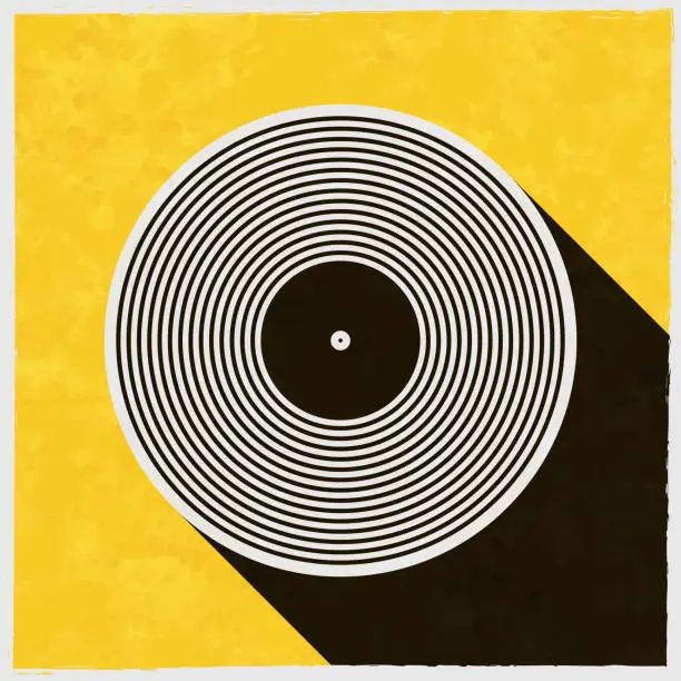 Vector illustration of Vinyl record. Icon with long shadow on textured yellow background