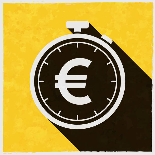 유로 기호가있는 스톱워치. 질감이 있는 노란색 배경에 긴 그림자가 있는 아이콘 - watch old fashioned banking coin stock illustrations