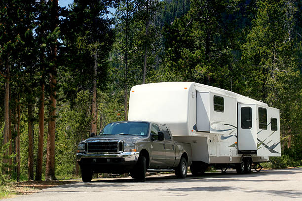 camper trailer in yellowstone stock photo