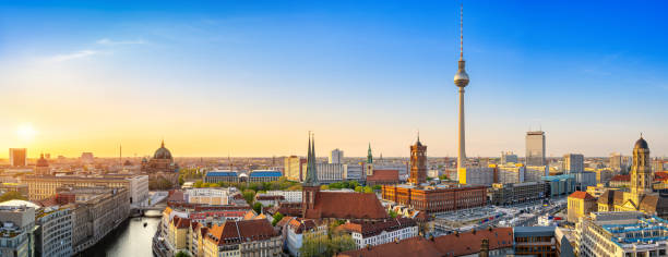 berlin panoramic view at the skyline of berlin during sunset berlin stock pictures, royalty-free photos & images