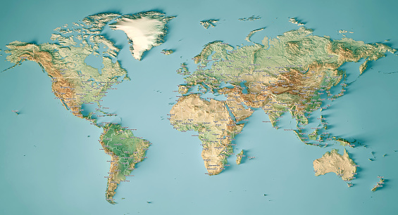 Mapa del mundo 3D Render Mapa topográfico Color Borde Nombres de ciudades photo
