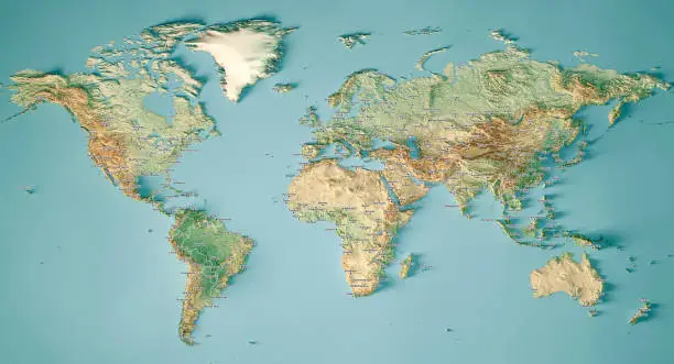 3D Render of a Topographic Map of the World in Miller Projection. Version with Country boundaries and city names. 
All source data is in the public domain.
Color and Water texture: Made with Natural Earth. 
http://www.naturalearthdata.com/downloads/10m-raster-data/10m-cross-blend-hypso/
http://www.naturalearthdata.com/downloads/110m-physical-vectors/
Relief texture: GMTED 2010 data courtesy of USGS. URL of source image: 
https://topotools.cr.usgs.gov/gmted_viewer/viewer.htm