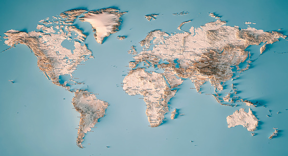 3D Render of a Topographic Map of the World in Miller Projection. Version with Country boundaries and city names. \nAll source data is in the public domain.\nColor and Water texture: Made with Natural Earth. \nhttp://www.naturalearthdata.com/downloads/10m-raster-data/10m-cross-blend-hypso/\nhttp://www.naturalearthdata.com/downloads/110m-physical-vectors/\nRelief texture: GMTED 2010 data courtesy of USGS. URL of source image: \nhttps://topotools.cr.usgs.gov/gmted_viewer/viewer.htm