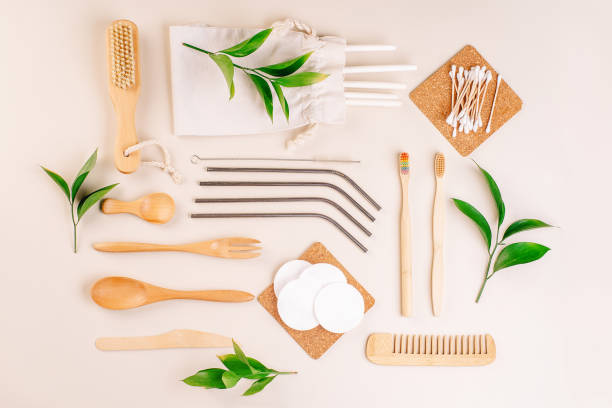 istock Concept zero waste.Sustainable Living.Plastic-free concept.Close-up.Ecological tableware made of natural materials.Wooden and paper tableware for meals.wooden cutlery.Top view. 1395312296