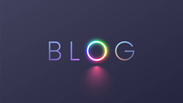 blog na szarym tle. logo koncepcyjne blog z literą o w postaci światła pierścieniowego lub lampy koła rgb do blogowania wideo. neonowy wielokolorowy symbol mediów społecznościowych lub vlog na ciemnoszarym. sieci społecznościowe. - blog stock illustrations