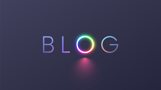 Blog on grey background. Concept logo blog with letter O in the form ring light or RGB circle lamp for video blogging. neon multicolor symbol of social media or vlog on dark grey. Social networks.