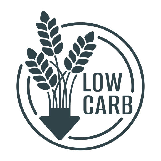 low-carb-produkt - abzeichen mit weizen und pfeil nach unten - lowcarb stock-grafiken, -clipart, -cartoons und -symbole