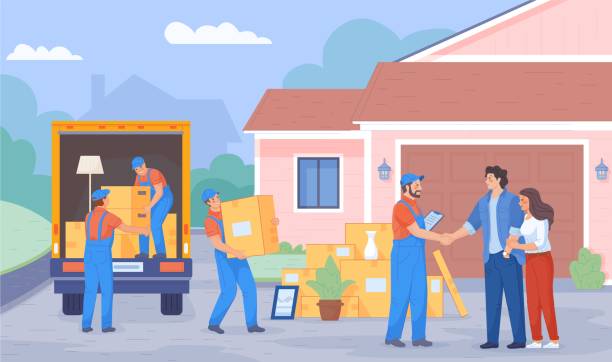 illustrazioni stock, clip art, cartoni animati e icone di tendenza di servizio di trasloco. caricatore di consegna scarica mobili e camion da carico, furgone di scarico su nuovo indirizzo di casa, forniture trasporto logistico - truck moving van moving house box