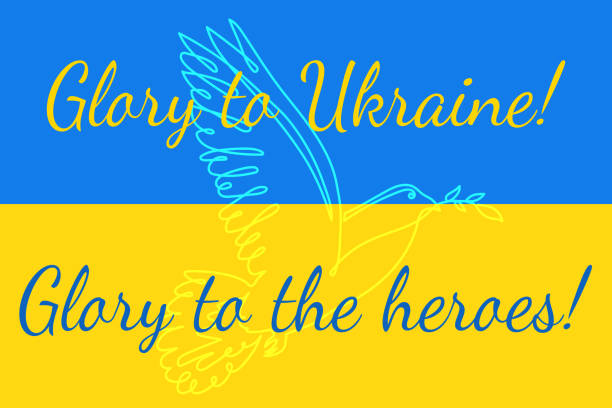 ilustraciones, imágenes clip art, dibujos animados e iconos de stock de fondo de la bandera de ucrania con paloma y rama de olivo, símbolo de paz y libertad. signo nacional azul-amarillo de independencia, gloria a ucrania. una línea de paloma, contorno contunuos editable. vector - ukraine war