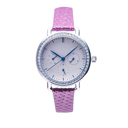 Wrist watch is pink and white color on white background.