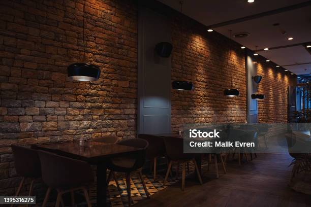 Coffee Shop Pub Restaurant Stock Photo - Download Image Now - Restaurant, Low Lighting, Wall - Building Feature