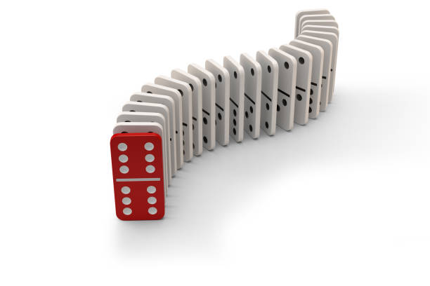 istock White Domino Tiles Falling in a Row on to Red Last One Standing, 3d Rendering 1395316405