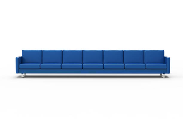 白い背��景に隔離された非常に長い青いソファ。3dレンダリング - armchair chair leather black ストックフォトと画像