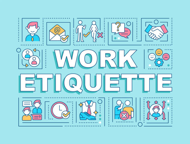 Work etiquette word concepts blue banner Work etiquette word concepts blue banner. Workplace manners and behavior. Infographics with icons on color background. Isolated typography. Vector illustration with text. Arial-Black font used social grace stock illustrations