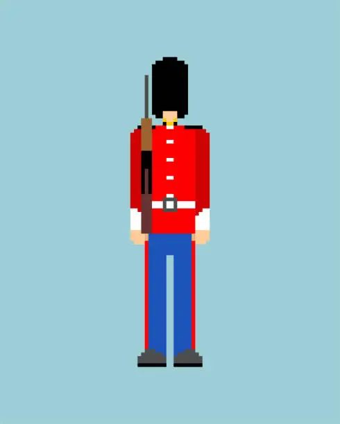 Vector illustration of Beefeater British Royal Guardsman pixel art. 8 bit sentry grenadier in bear hat. pixelated Vector illustration