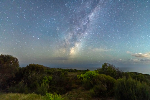 In the dark of the country night sky with the Milky Way and stars at Box Head, Killcare, NSW, Australia.