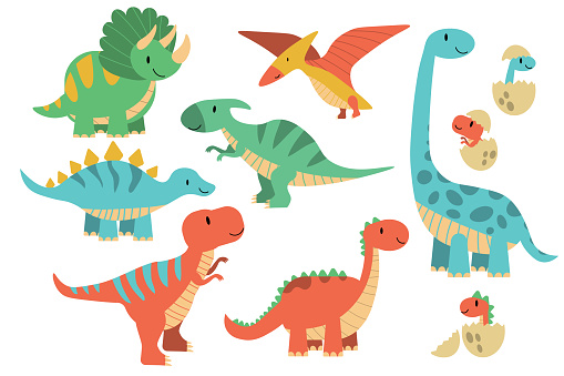 Cartoon dinosaurs. Baby dino prehistoric animals. Cute dinosaur, jurassic period animal stegosaurus brachiosaurus, trex and pterosaurs.