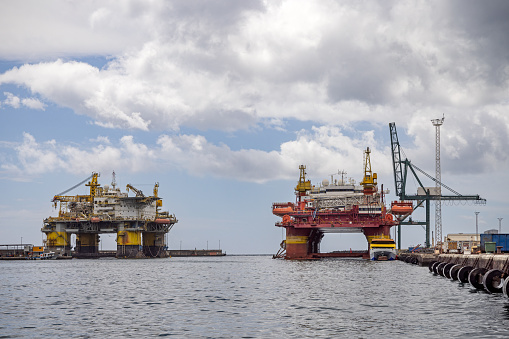 Two oil drilling platforms in the harbor of Santa Cruz which is the main city on the Spanish Canary Island Tenerife