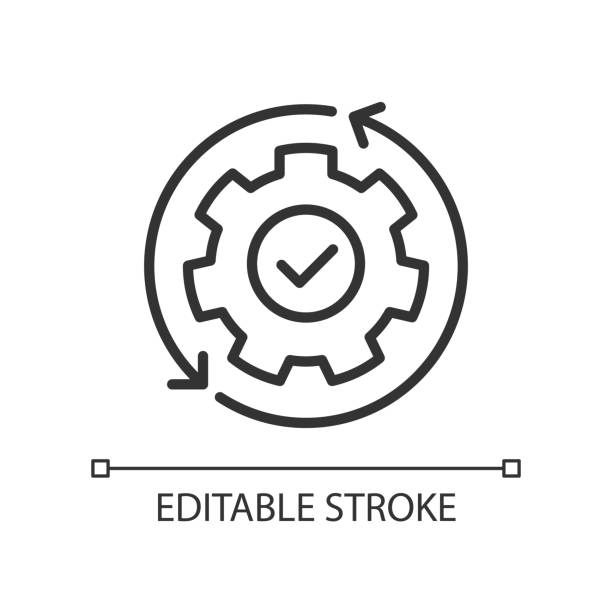 Automation pixel perfect linear icon Automation pixel perfect linear icon. Manufacturing process. Boost efficiency. Replacing manual labor. Thin line illustration. Contour symbol. Vector outline drawing. Editable stroke. Arial font used automation logo stock illustrations