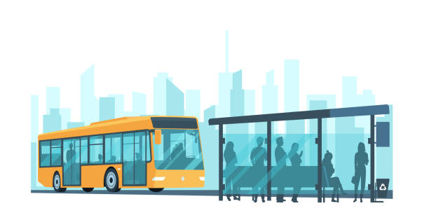 ilustraciones, imágenes clip art, dibujos animados e iconos de stock de autobús de pasajeros de la ciudad y parada con pasajeros en el fondo de un paisaje urbano abstracto. ilustración vectorial. - bus