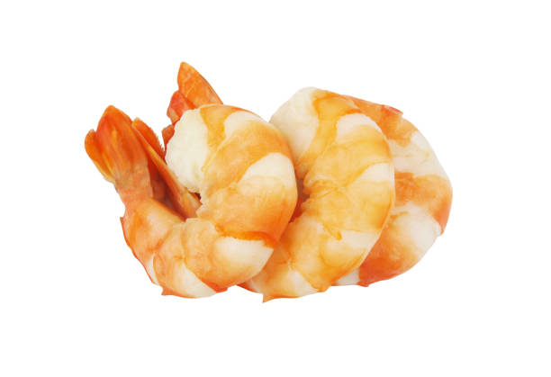 Cooked tiger shrimps or prawns isolated on white background