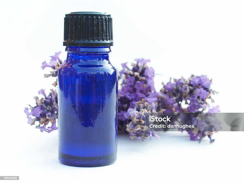 A bottle of essential lavender oil Lavender Bottle on white background Aromatherapy Stock Photo